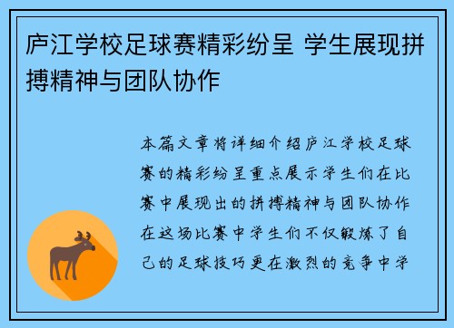 庐江学校足球赛精彩纷呈 学生展现拼搏精神与团队协作