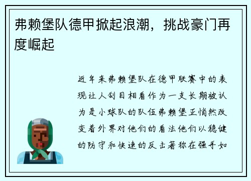 弗赖堡队德甲掀起浪潮，挑战豪门再度崛起