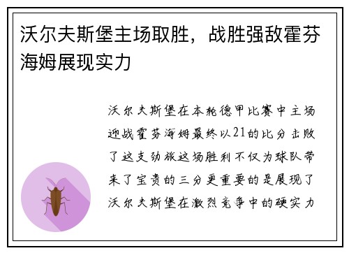 沃尔夫斯堡主场取胜，战胜强敌霍芬海姆展现实力
