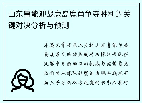 山东鲁能迎战鹿岛鹿角争夺胜利的关键对决分析与预测