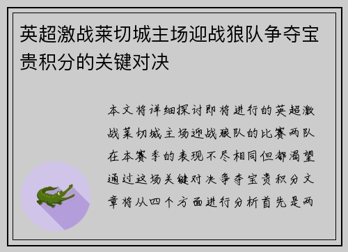 英超激战莱切城主场迎战狼队争夺宝贵积分的关键对决