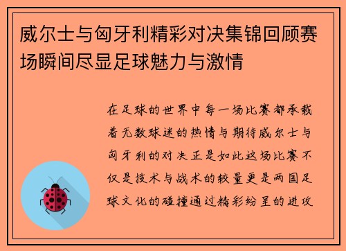 威尔士与匈牙利精彩对决集锦回顾赛场瞬间尽显足球魅力与激情