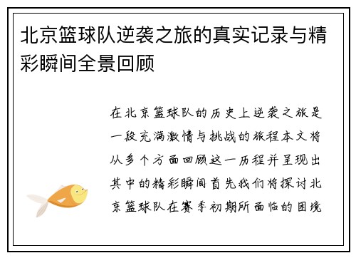 北京篮球队逆袭之旅的真实记录与精彩瞬间全景回顾